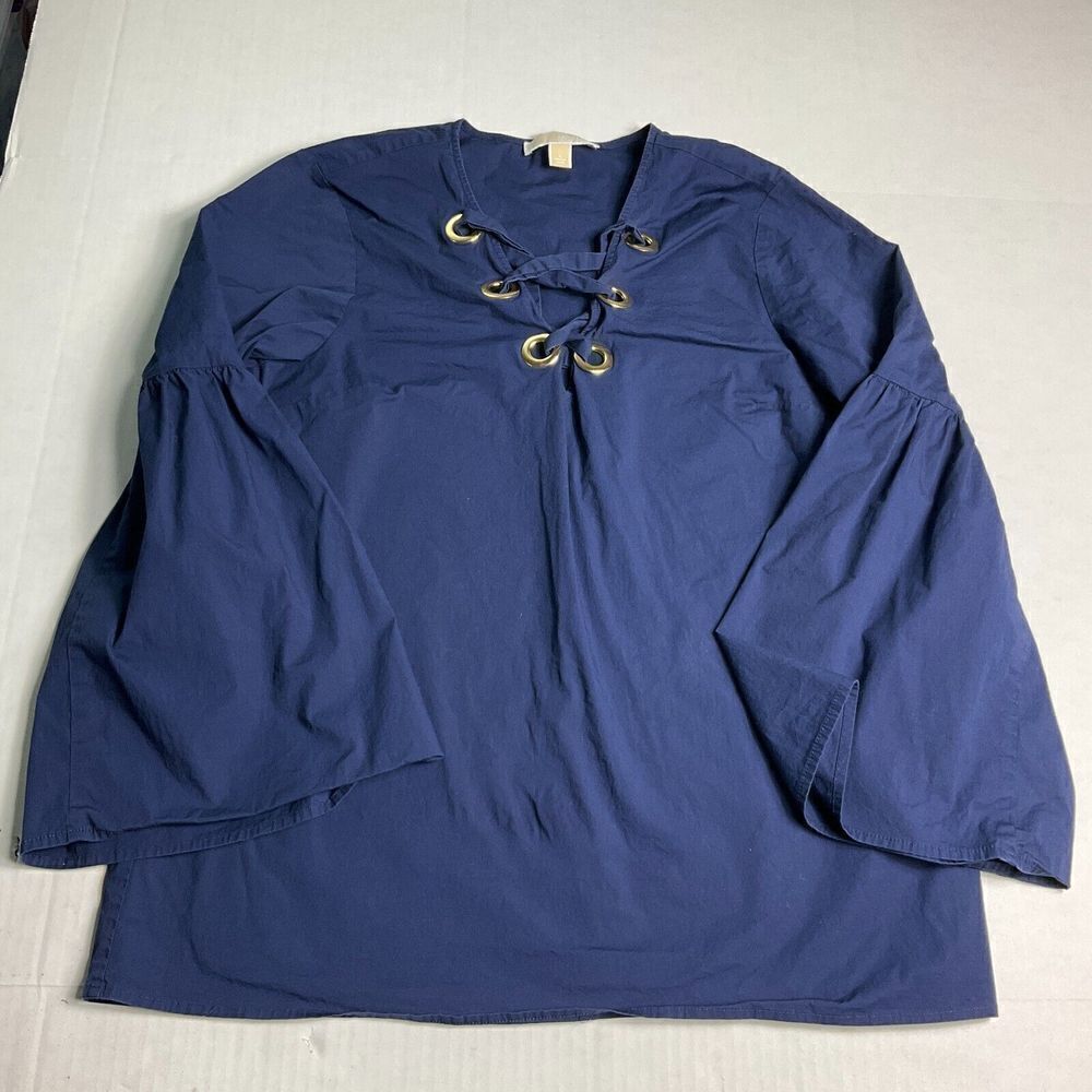 Michael Kors Womens Lace Up Blouse V-Neck Flared Long Sleeve Loose Shirt LARGE